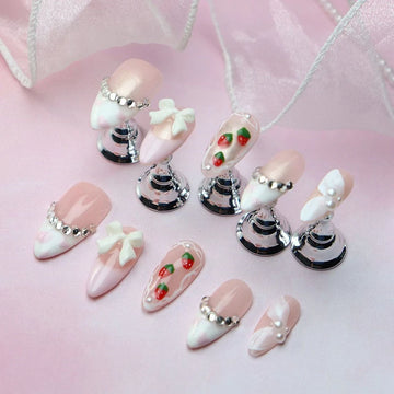 Qfdian 10Pcs Cute Handmade Press on Nails Full Cover French Bowtie Design Almond False Nails Strawberry Manicure Wearable Nail Tips Art